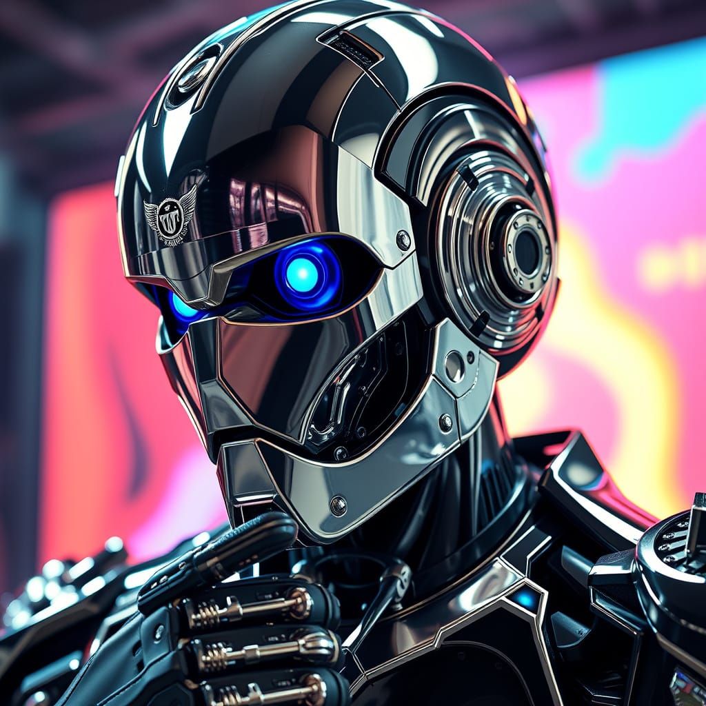 Shiny Robot Cop in Hyperrealistic Chrome Finish