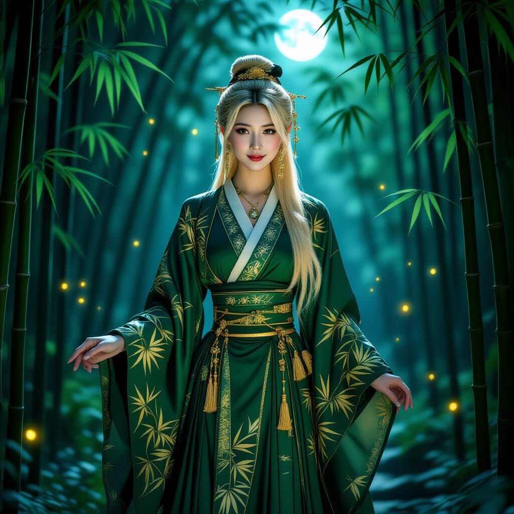 Hanfu Woman in Moonlit Bamboo Forest