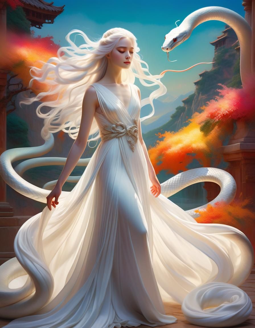 Classical Beauty with White Snake in Oil Painting Style