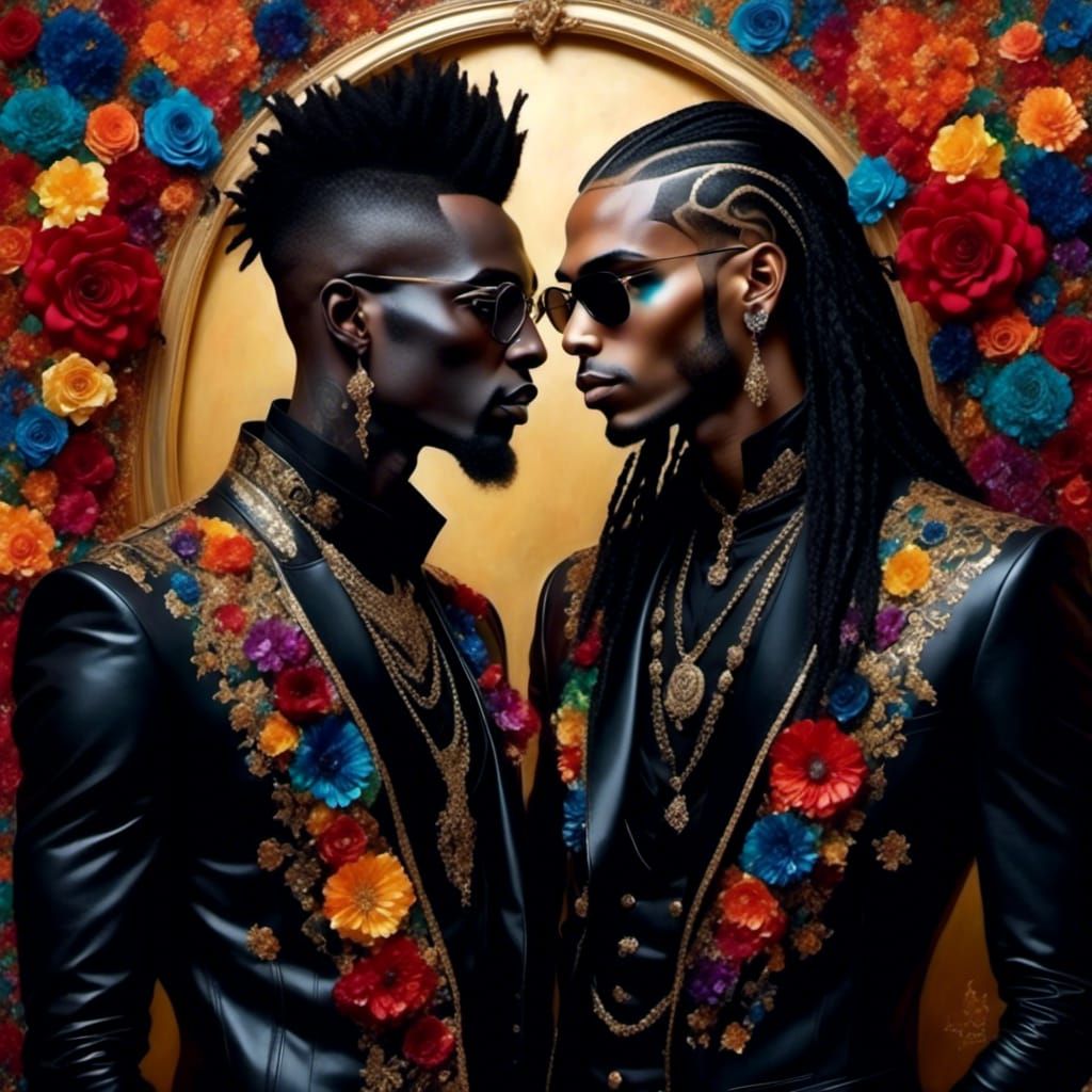 Goth Metalhead Portrait in Rainbow Floral Frame