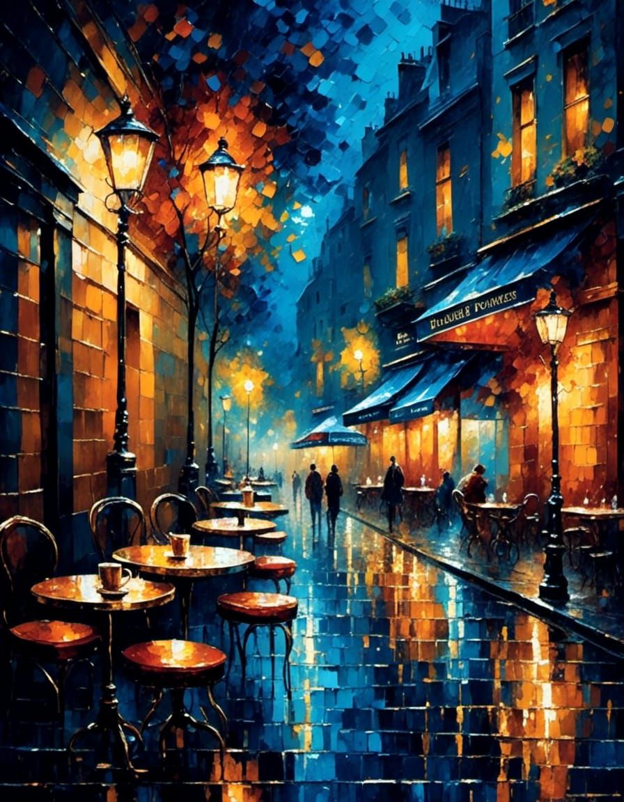 Rainy Parisian Cafe at Night in Tonalist Abstract