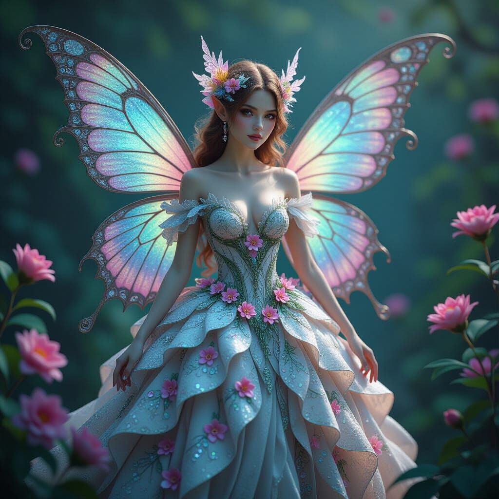 Fairy in Cracked Porcelain Gown with Flowers