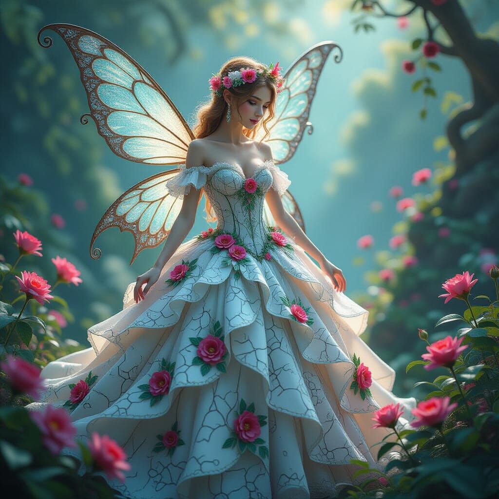 Fairy in Porcelain Dress with Flowers