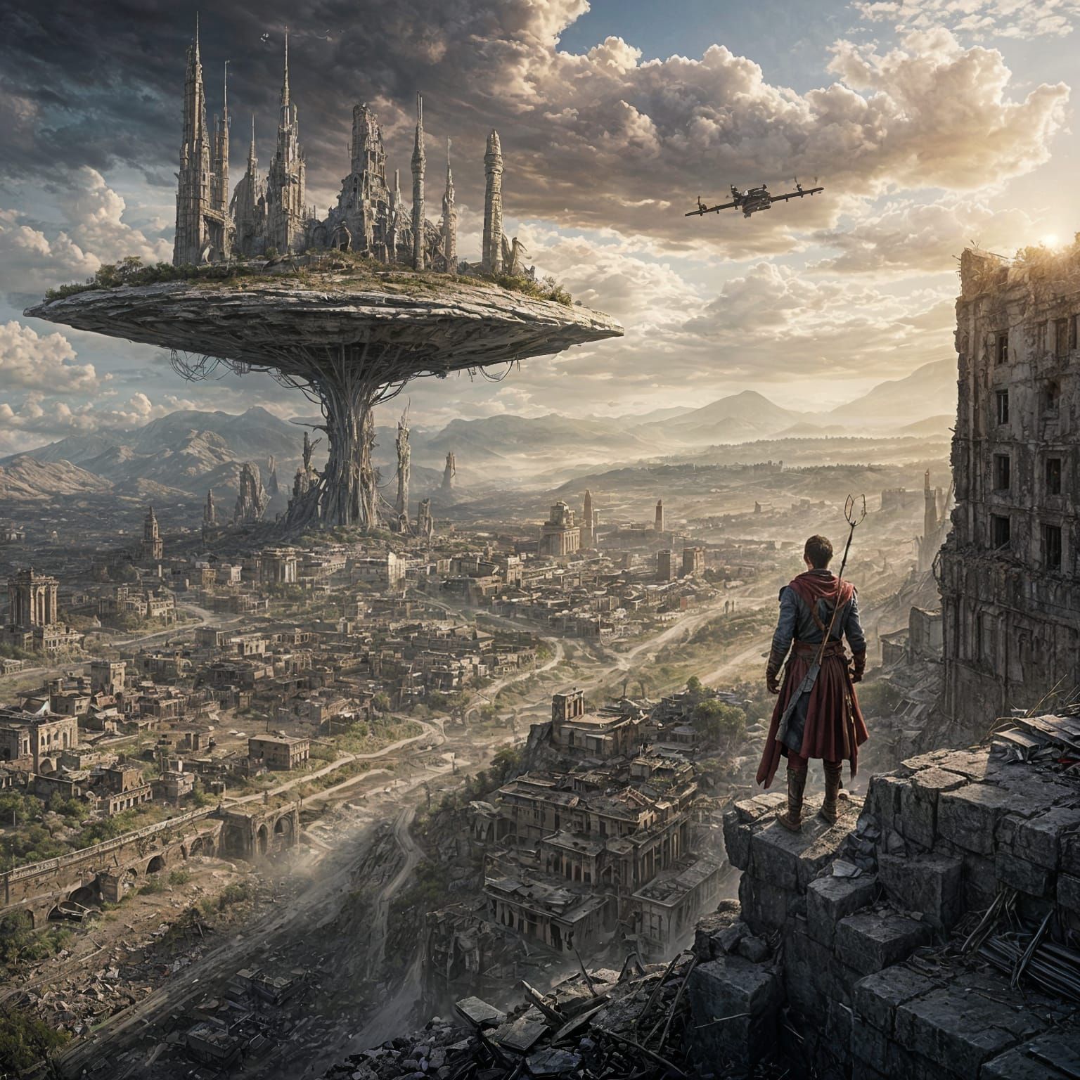 Post-Apocalyptic Hero Stands Guard in Ruined City