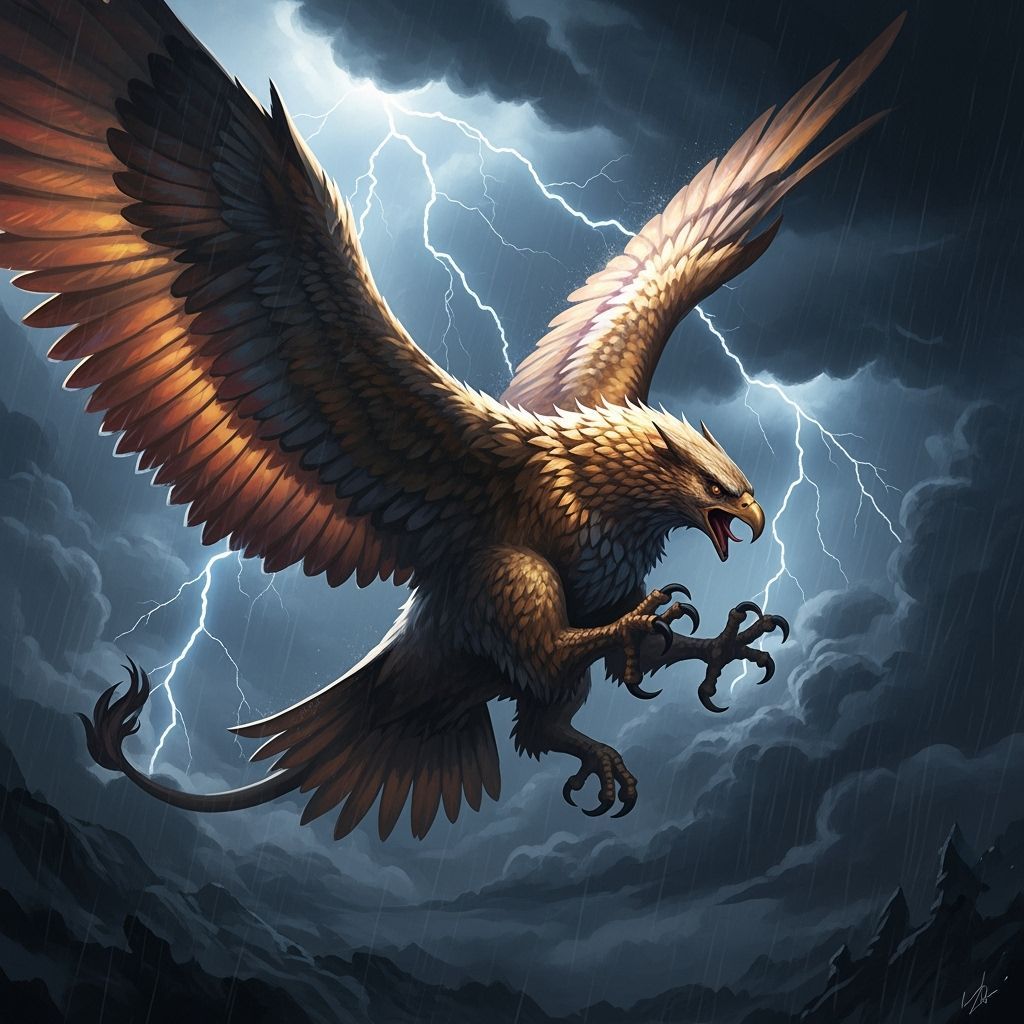 Griffin Soaring Through Stormy Sky: Dark Fantasy Art