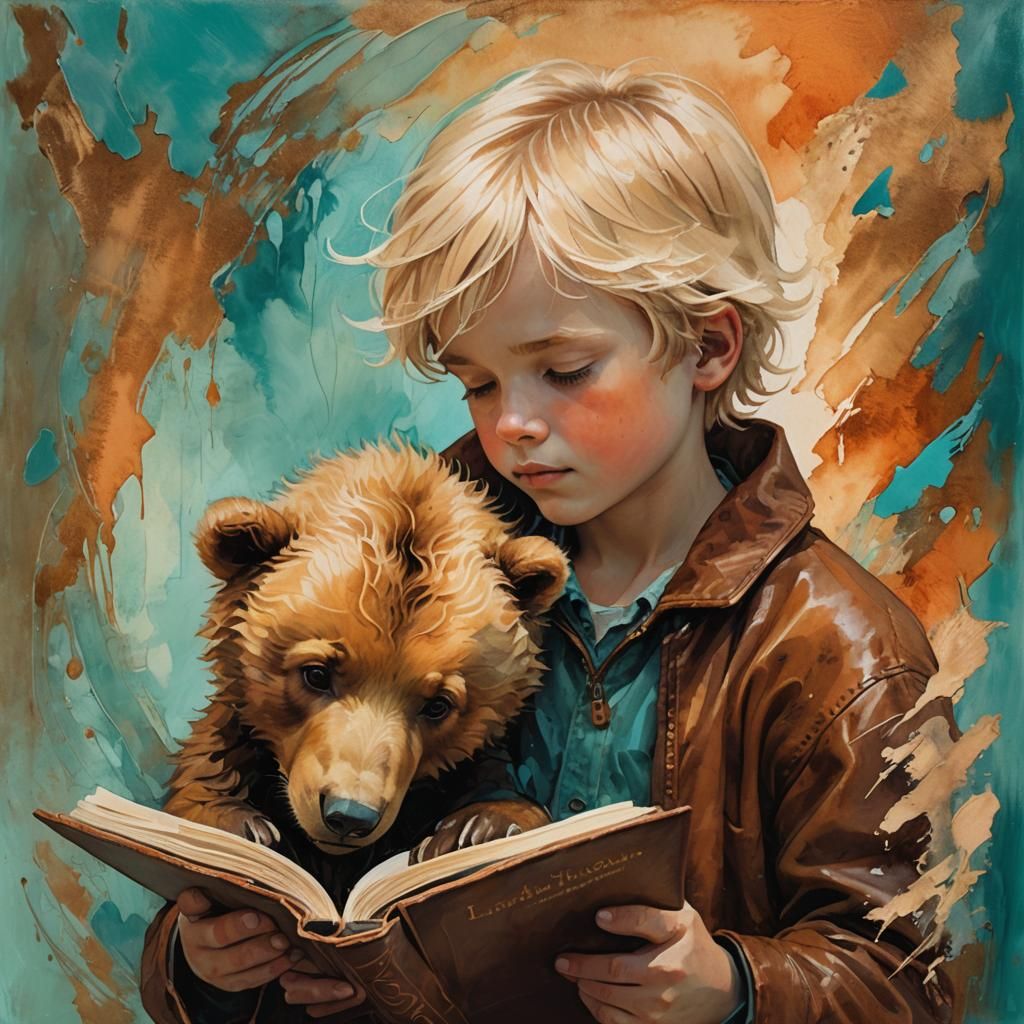 Boy Reading with Bear in Art Nouveau Style