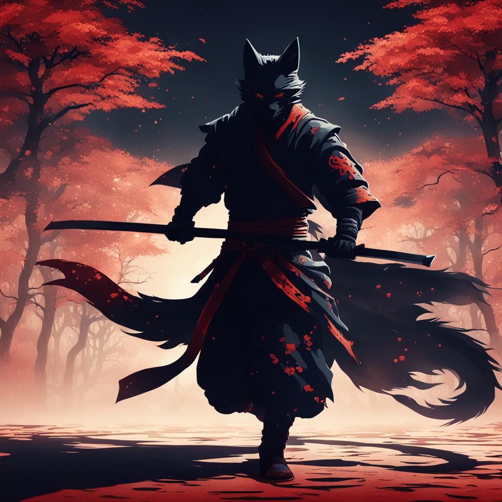 Kitsune Ninja Shadow Silhouette in Detailed Matte Painting