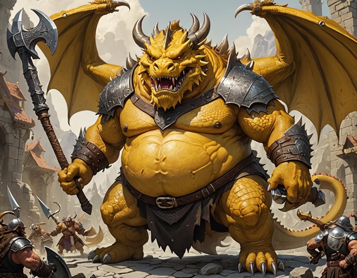 Massive Yellow Dragon Wields Battleaxe in Barbaric Style