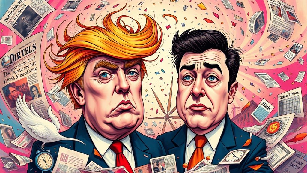 Trump and Musk in Whimsical Surrealist Landscape