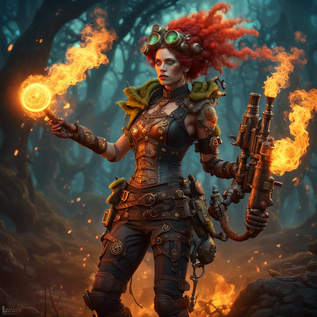 Steampunk Dryad with Flamethrower, Detailed Fantasy Art