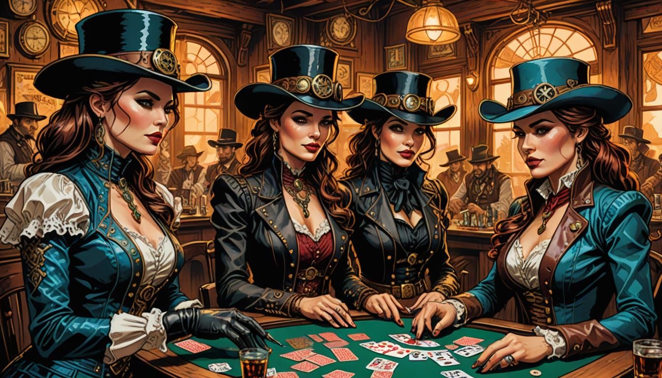 Steampunk Gunfighters Play Poker, Alcohol Ink Illustration