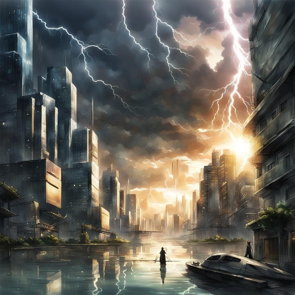 Flooded Futuristic City Under Stormy Skies: Anime Style