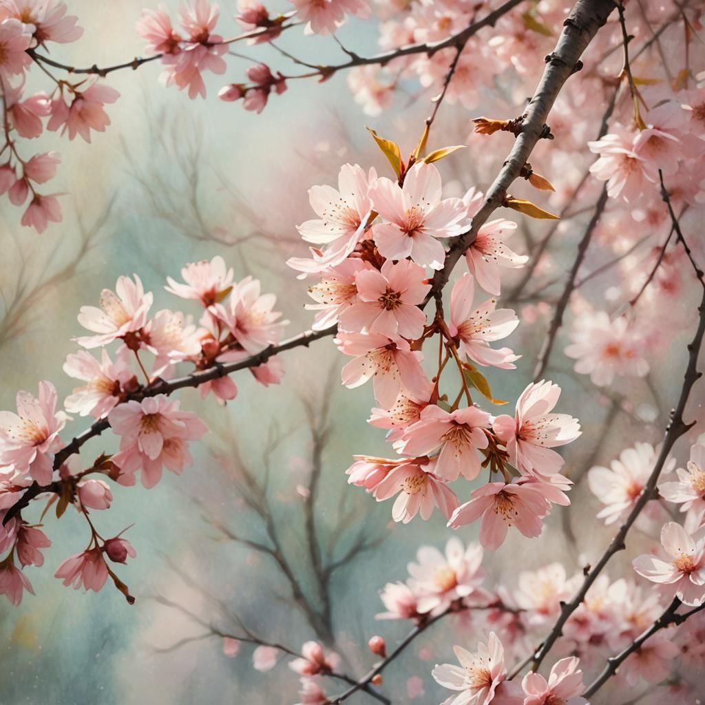 Cherry Blossom Tree in Watercolor Spring Garden