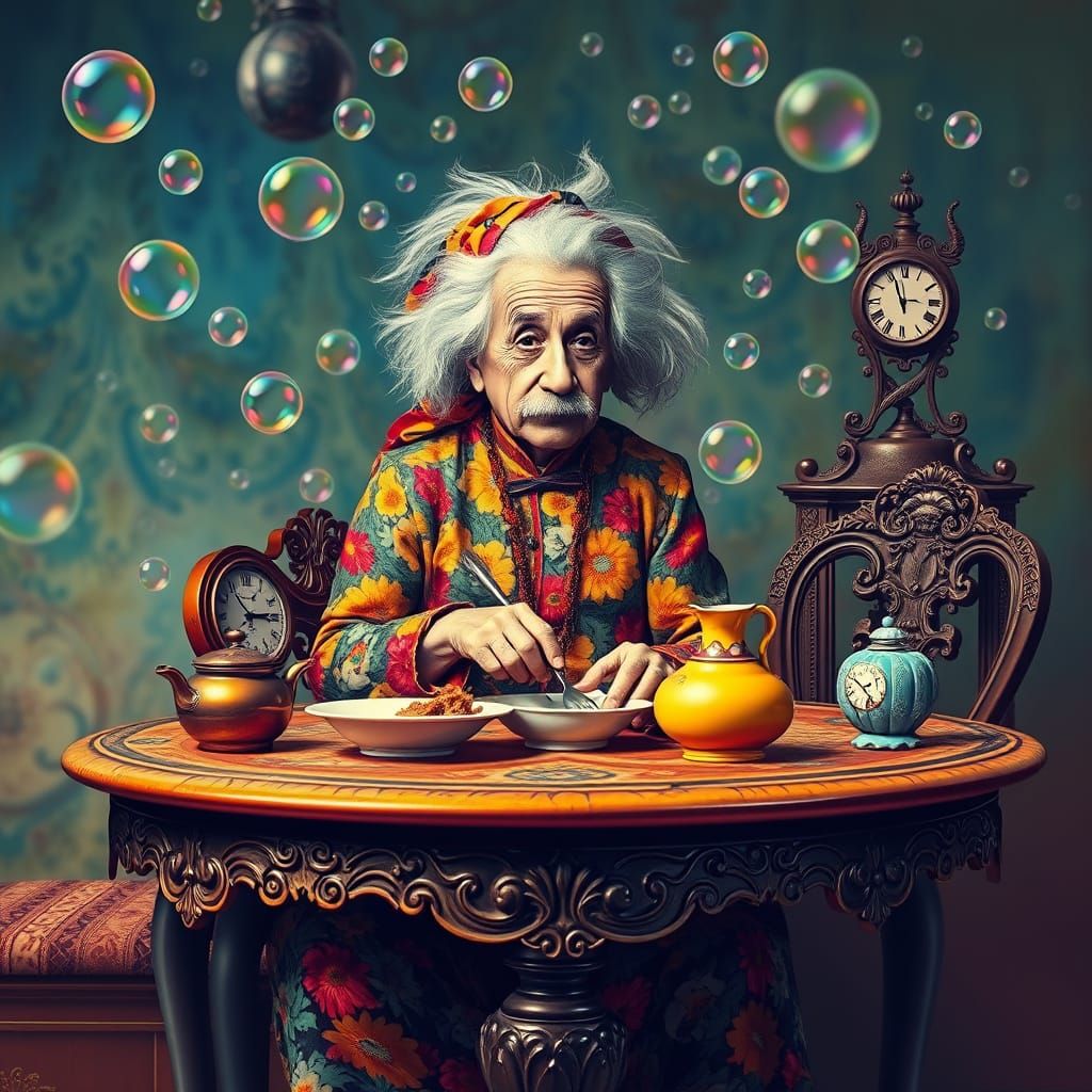 Einstein in Floral Dress: A Surreal Dreamscape