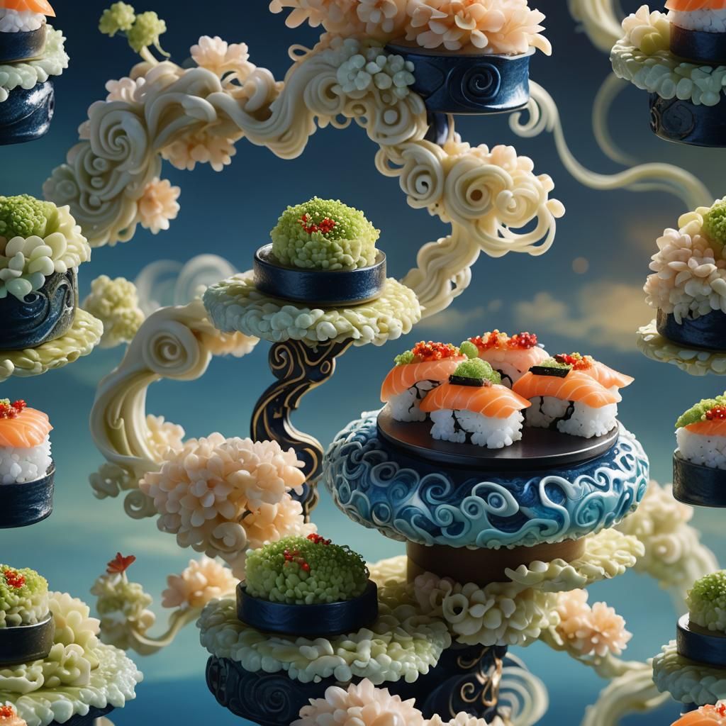 Majestic Glowing Sushi on Pedestal: Digital Matte Painting
