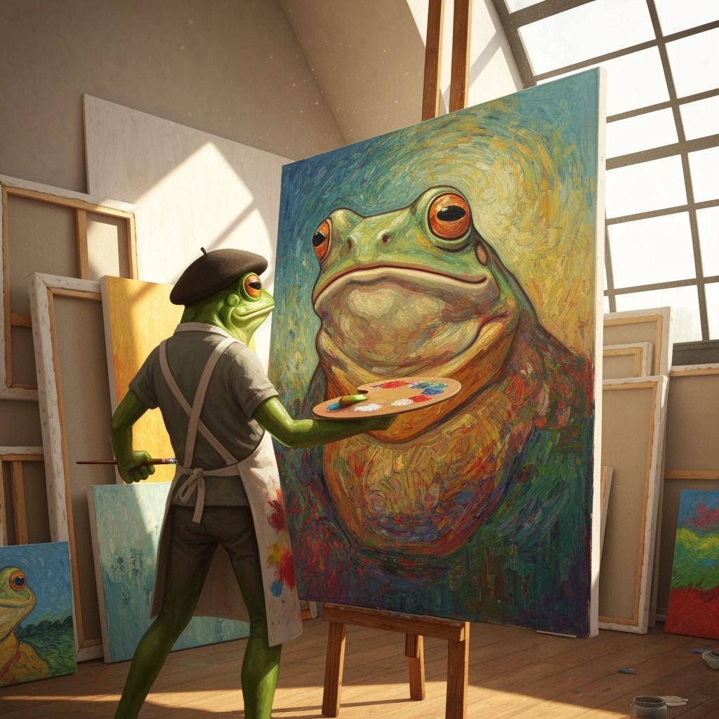 Frog Artist Painting a Portrait in Sunny Loft