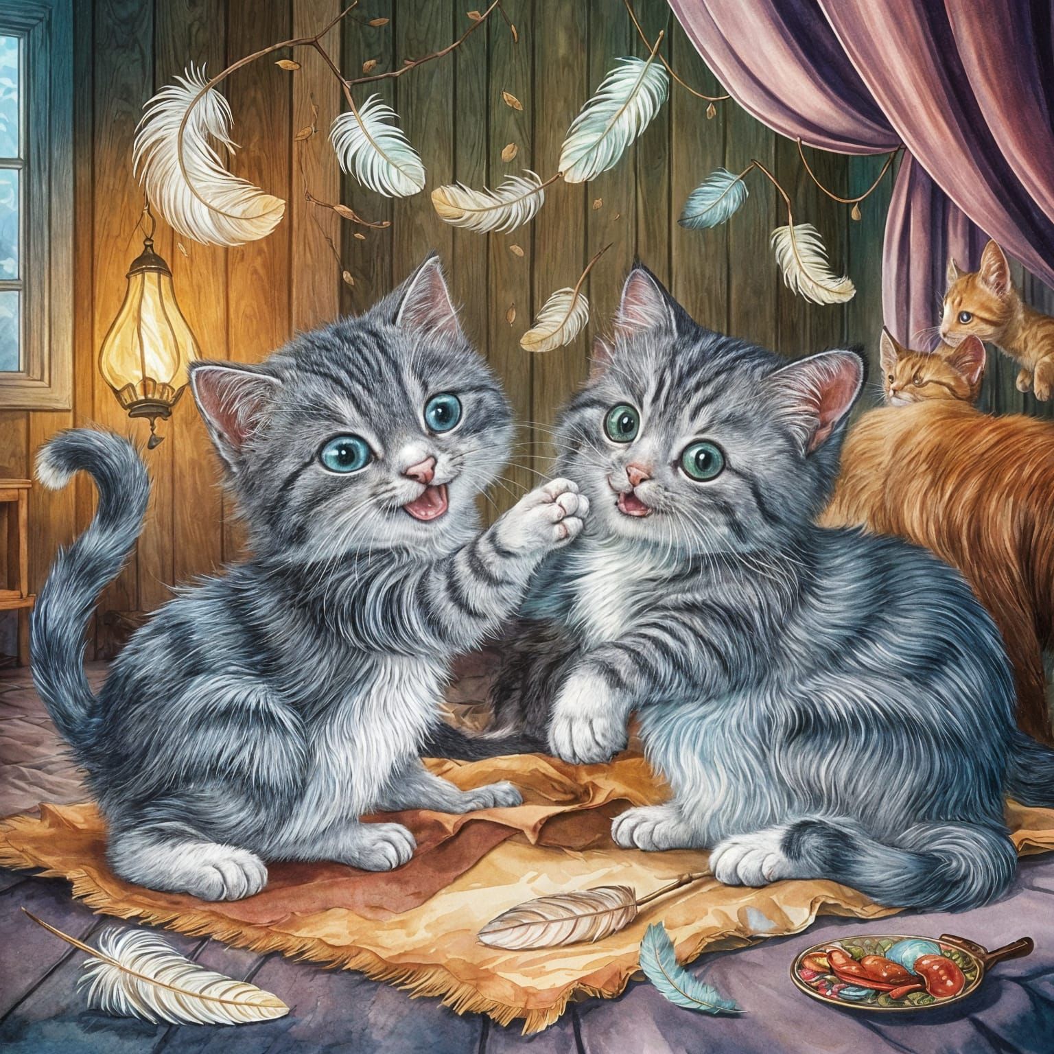 Quaint Whimsical Kittens Play with Feathers in a Cozy Vintag...