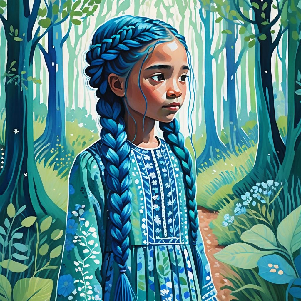 Girl with Blue Braids in Gouache Forest
