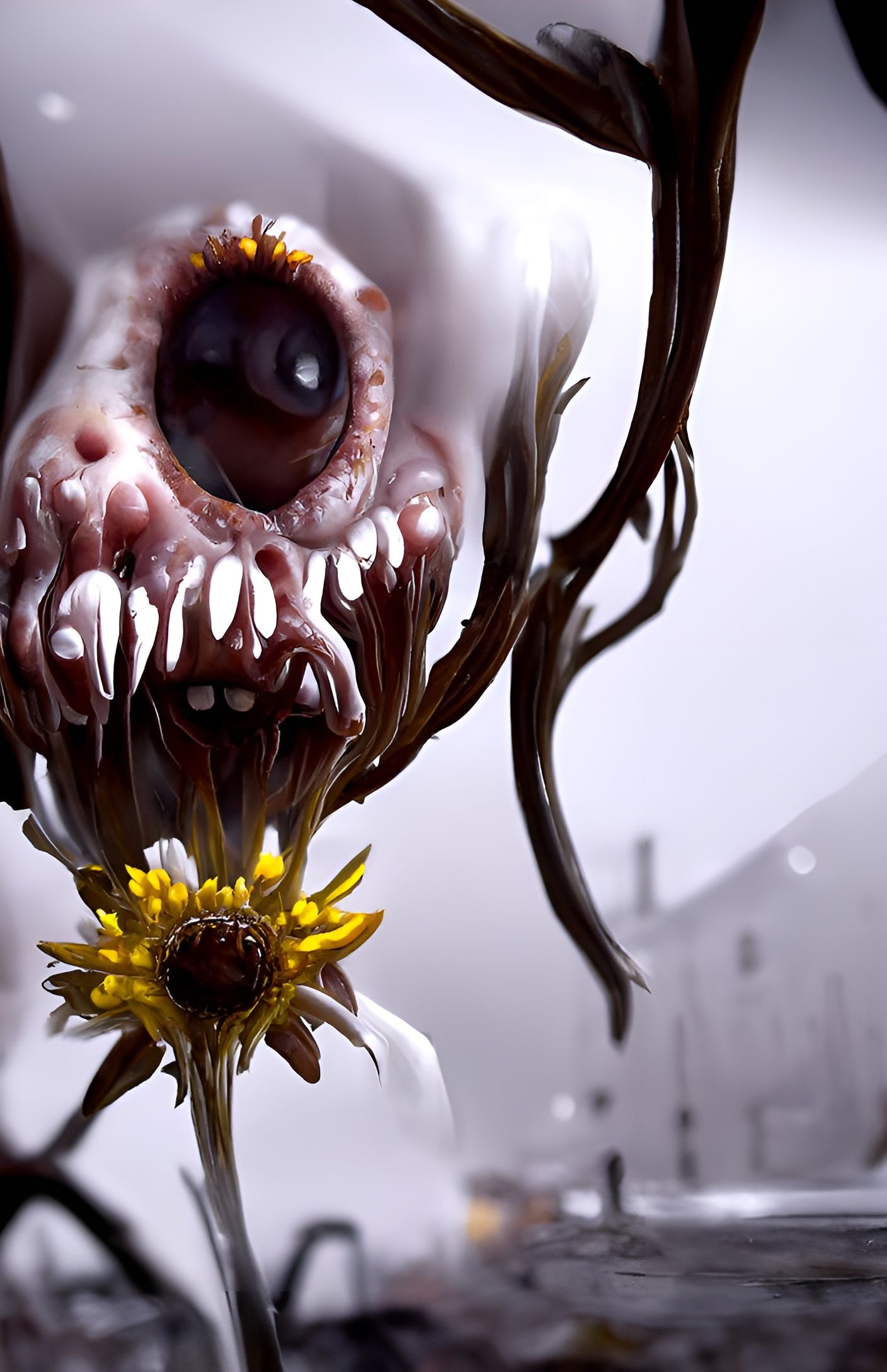 Terrifying Eldritch Daisy in Hyperreal Horror Style