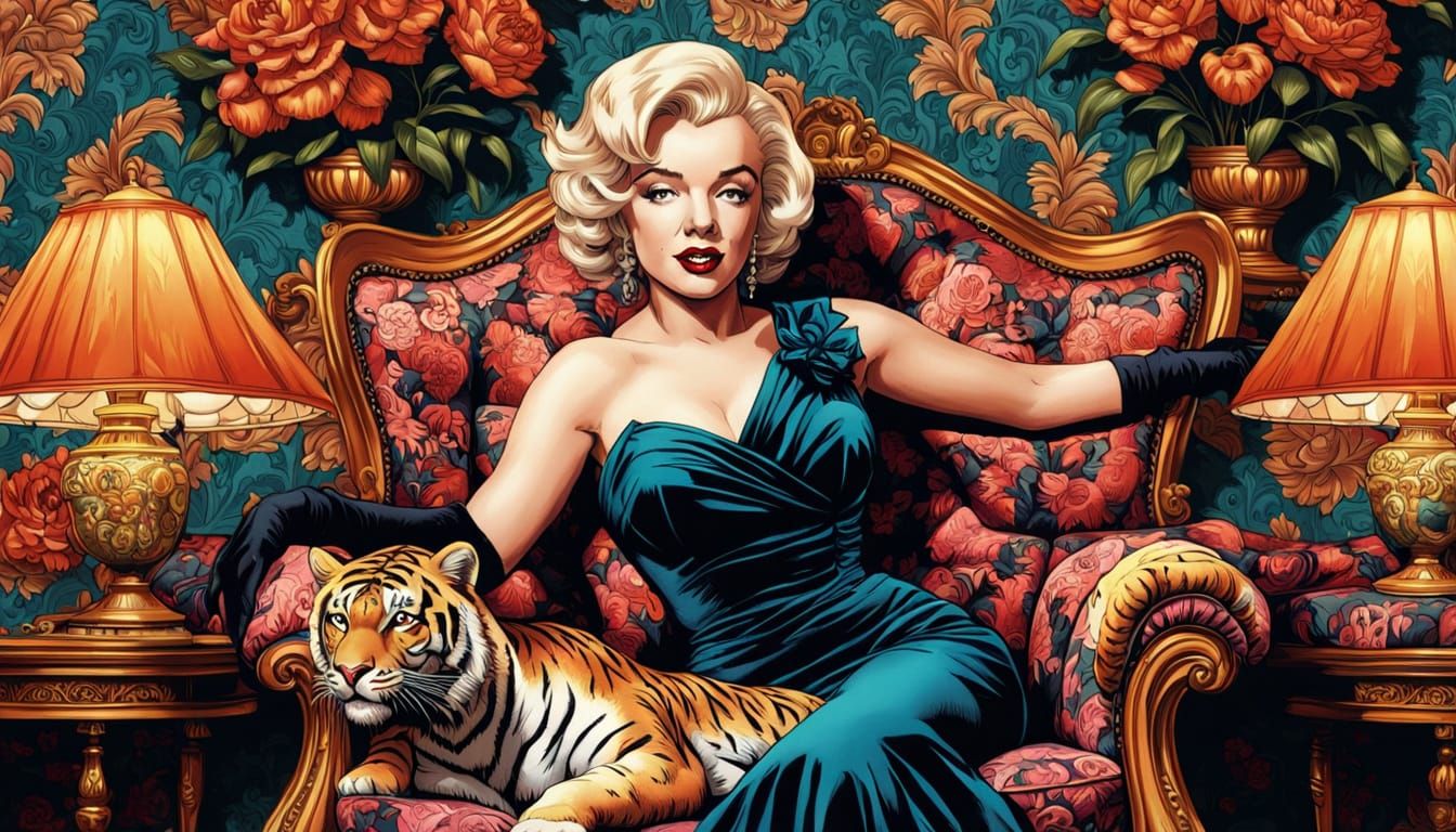 Marilyn Monroe and Tiger in Victorian Parlor