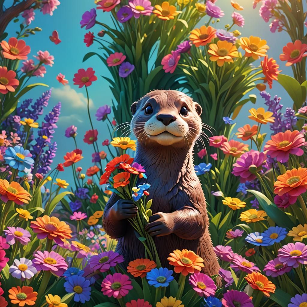 Otter Holding Flowers in Sunlit Garden: 3D Render