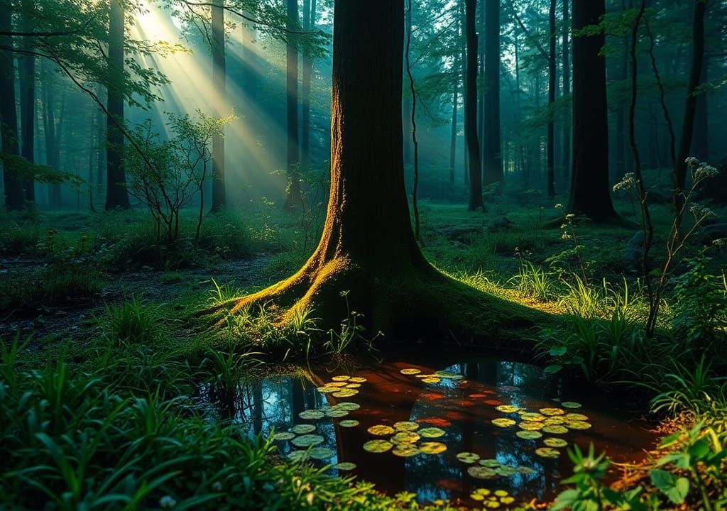 Magical Forest at Dawn with Vernal Pool Reflections