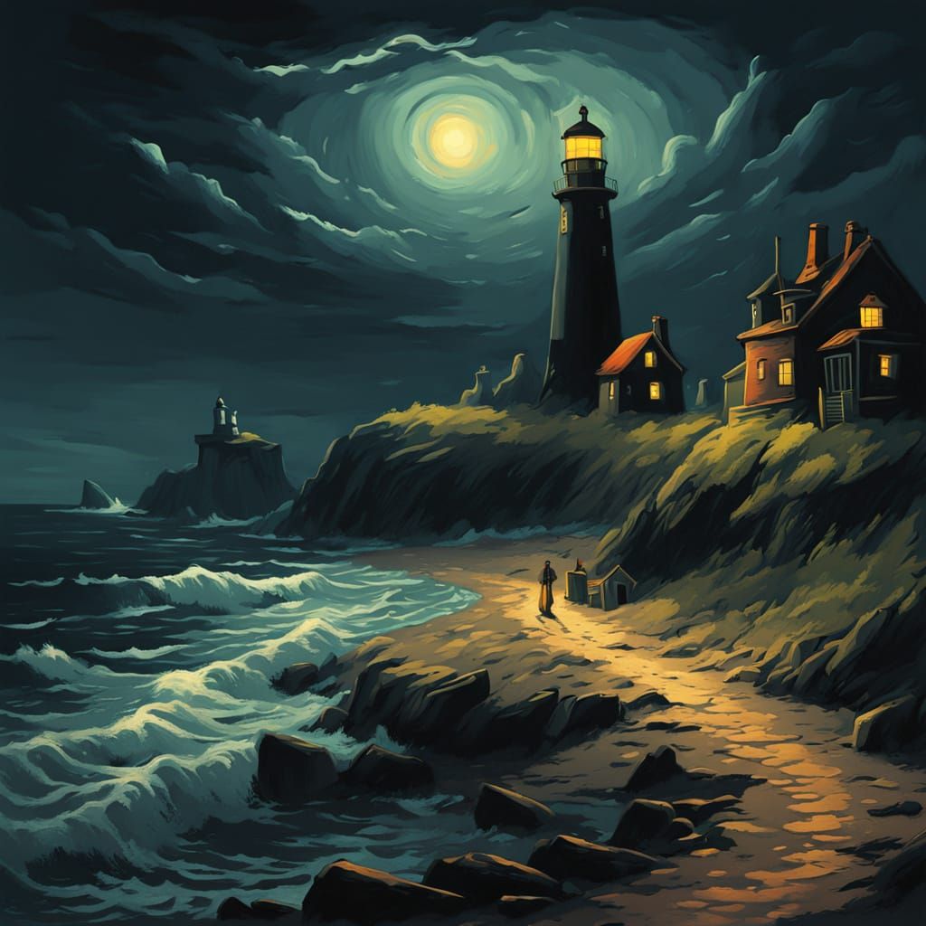 Eldritch Horror Lighthouse Painting on Dark Beach