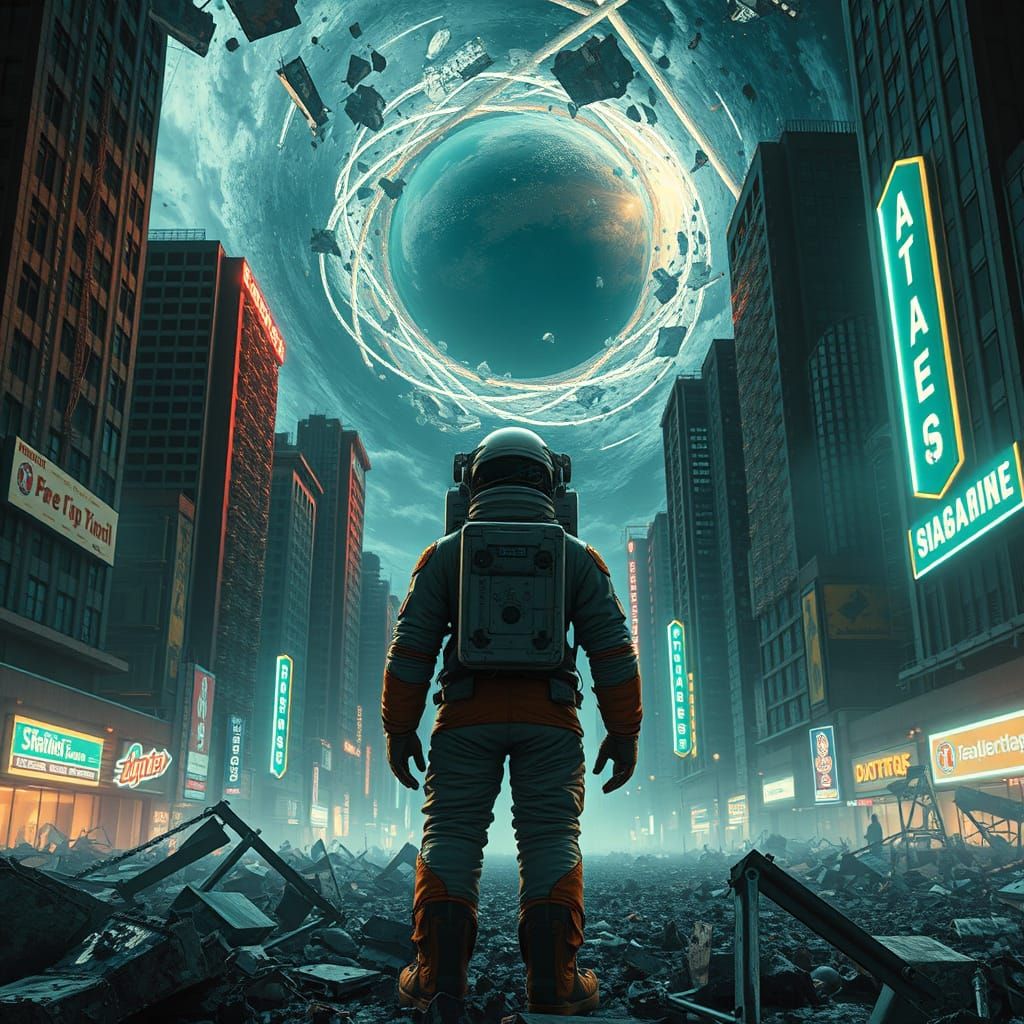 Astronaut Gazing at Vortex in Dystopian Cityscape