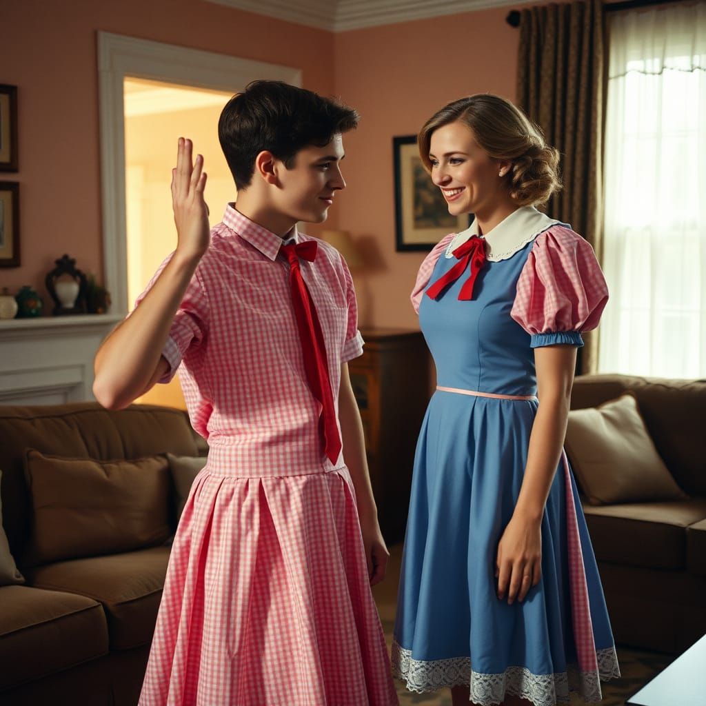 Crossdressing Film Still: Man in Pink Gingham Dress