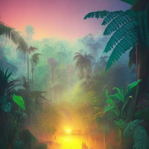 Lush Jungle Scene with Psychedelic Glow