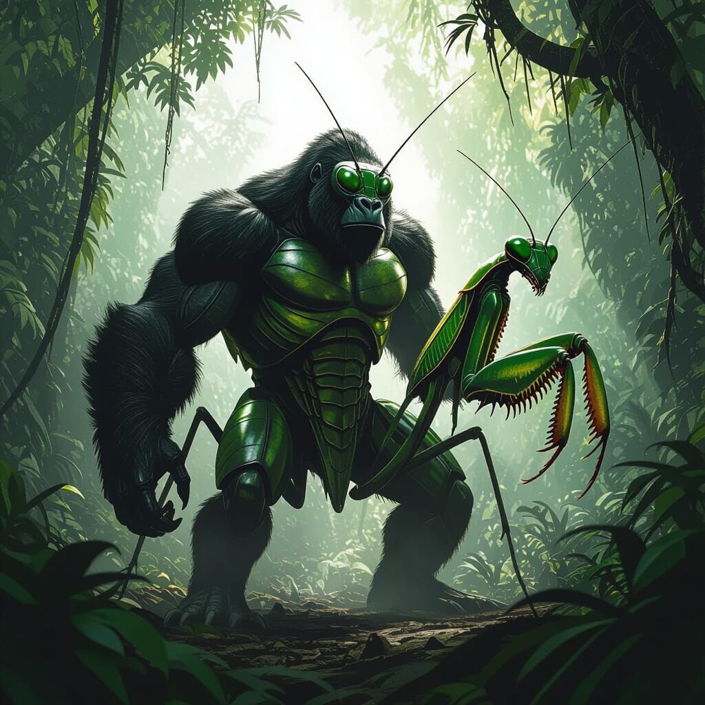 Giant Gorilla-Mantis Warrior in Ancient Jungle Concept Art