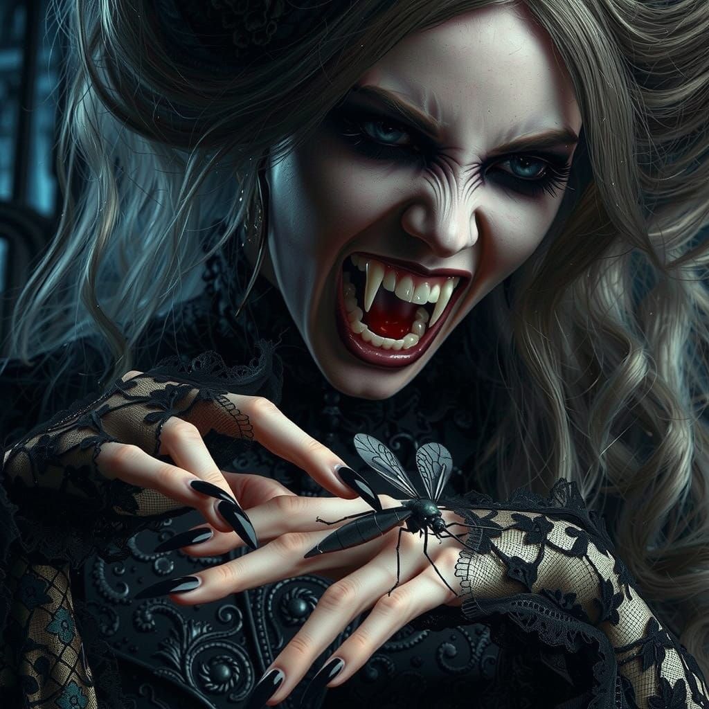 Gothic Vampire Woman Swats Mosquito in Dark, Mysterious Atmo...