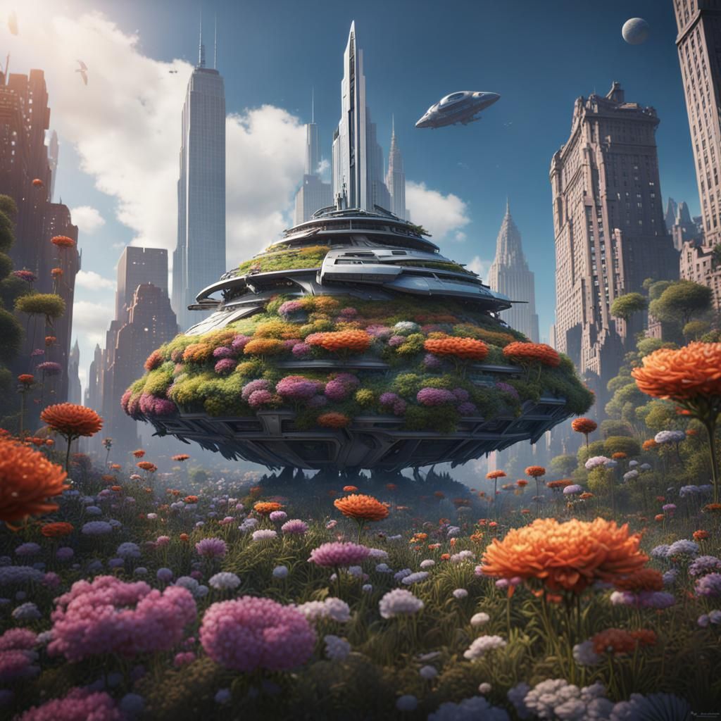 Spaceship Lands in Floral New York: Detailed Digital Art
