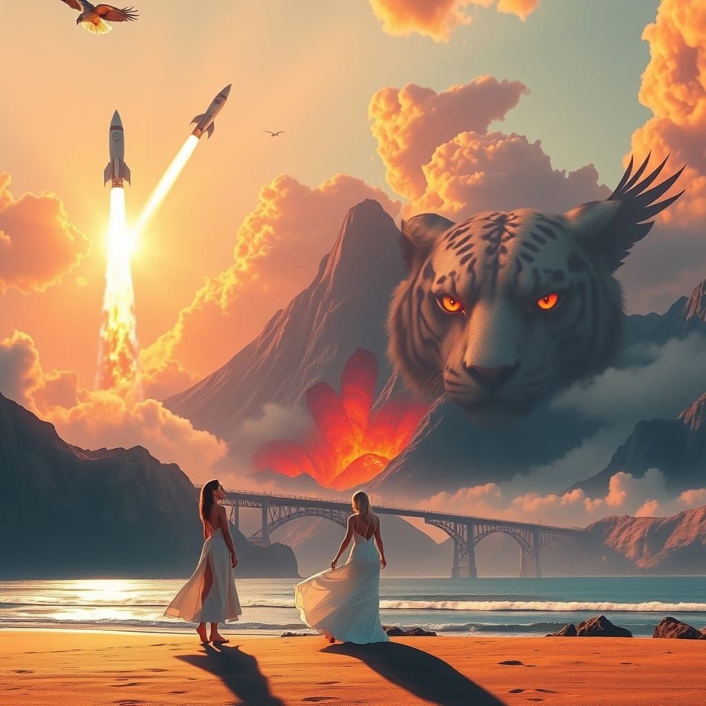 Ethereal Sunrise Landscape with Rocket, Volcano, Eagle, and...