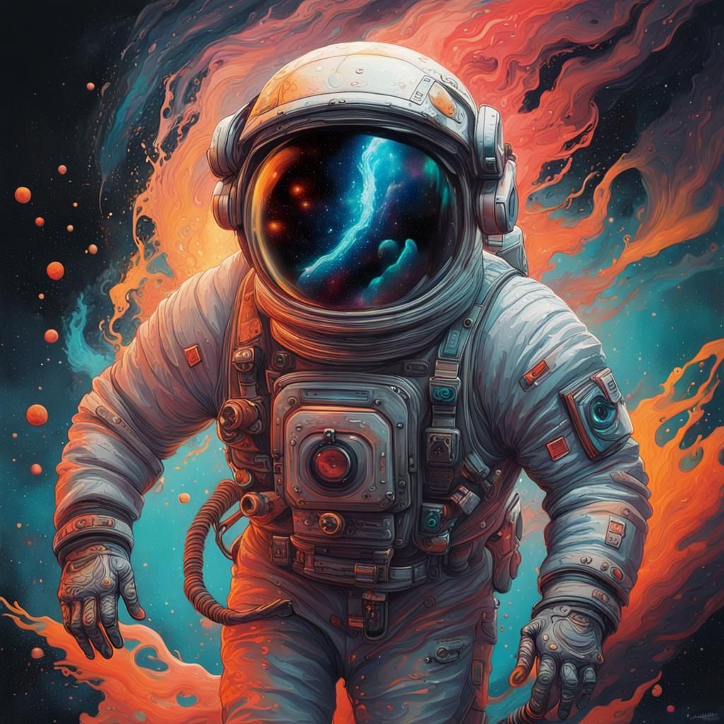 Luminous Astronaut in Space: Marbling Gouache Art