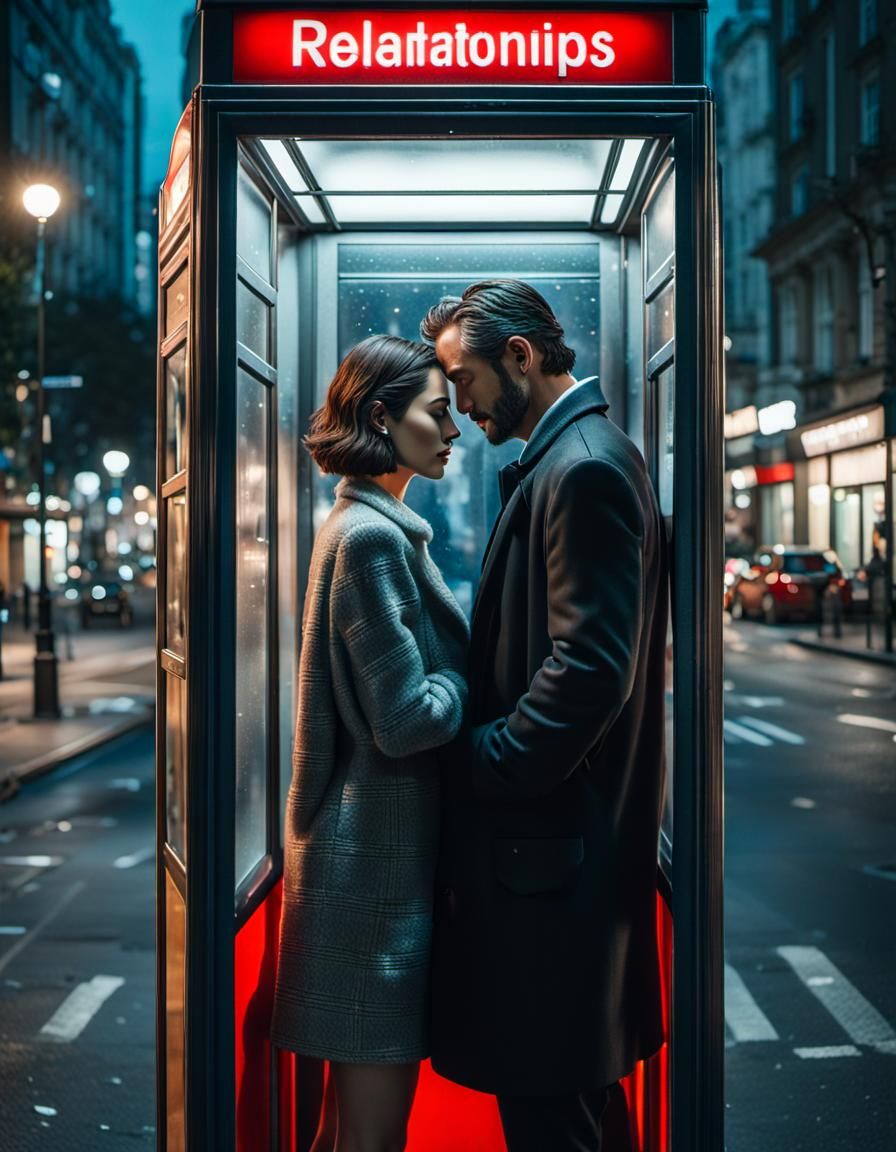 Lovers in a Phone Booth: A Realistic Oil Painting