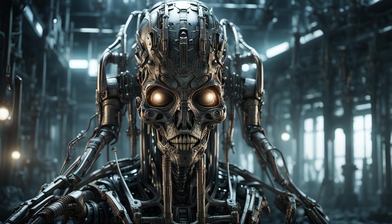 Metallic Humanoid in Abandoned Lab, Biomechanical Digital Ar...