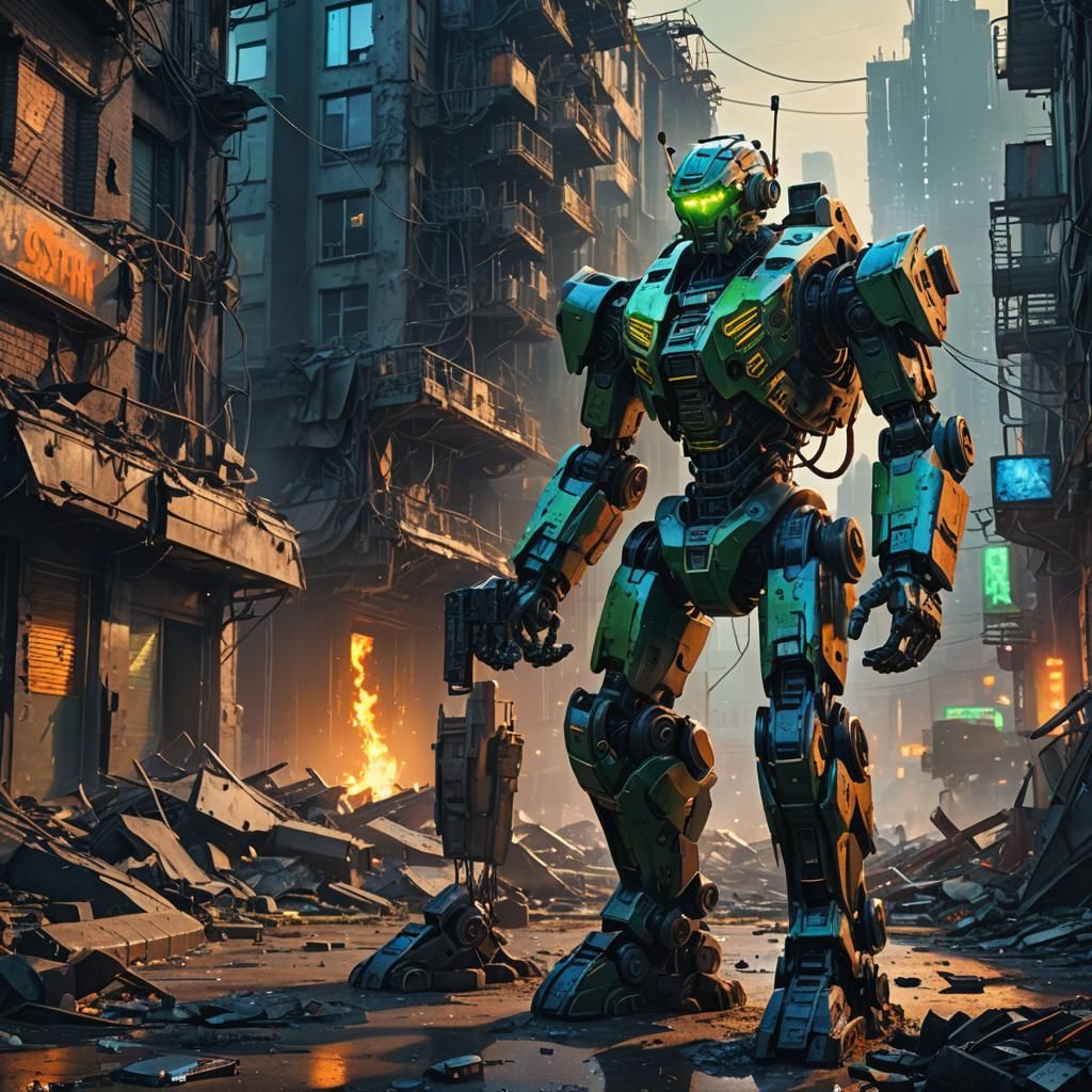 War Robot in Ruined City, Digital Matte Painting