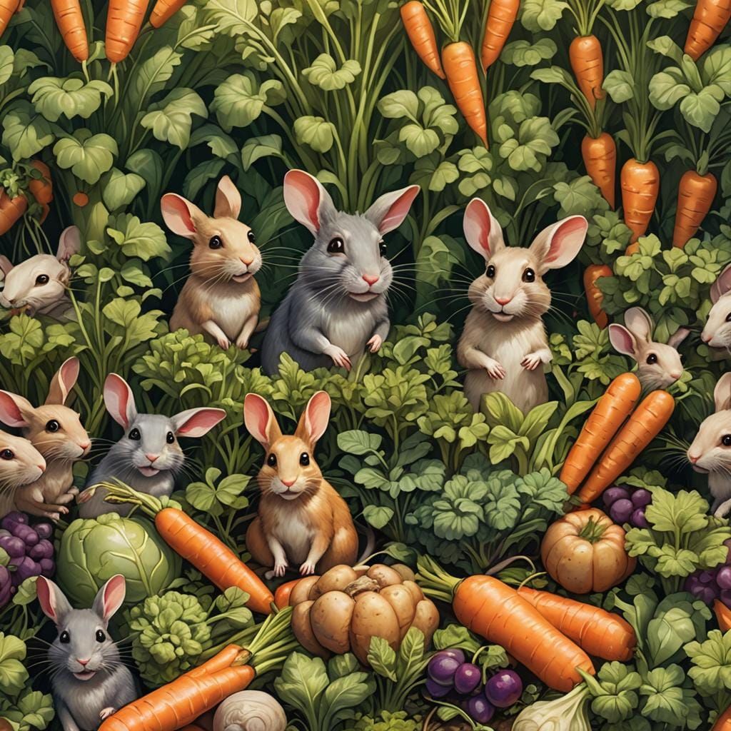 Charming Rat-Rabbit in Carrot Garden, Detailed Digital Paint...