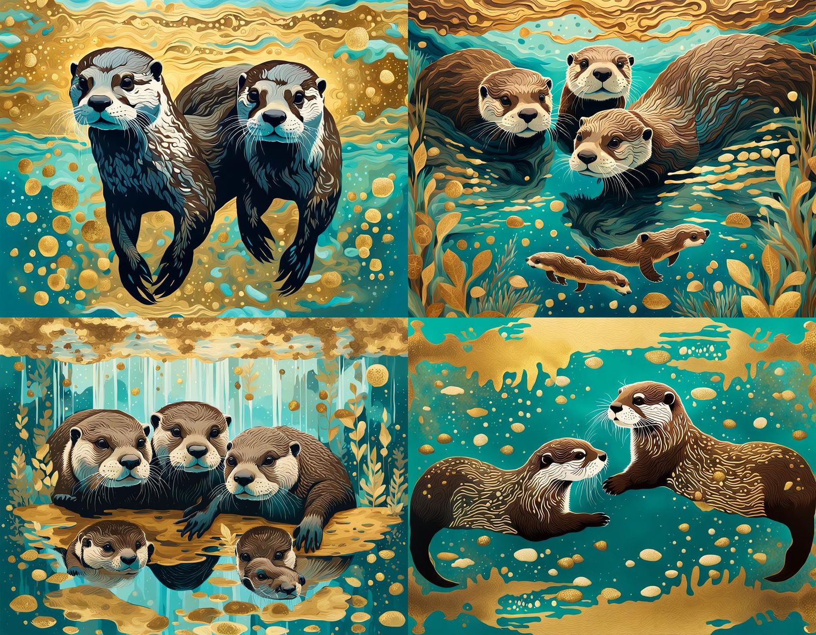 Magical Otter Family in Underwater Gouache Diptych