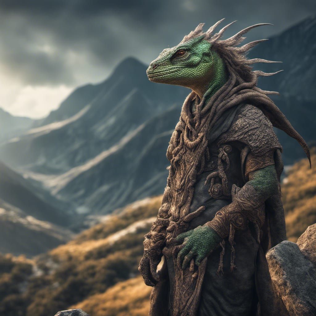 Fantasy Lizard-Man Druid in Mountain Landscape