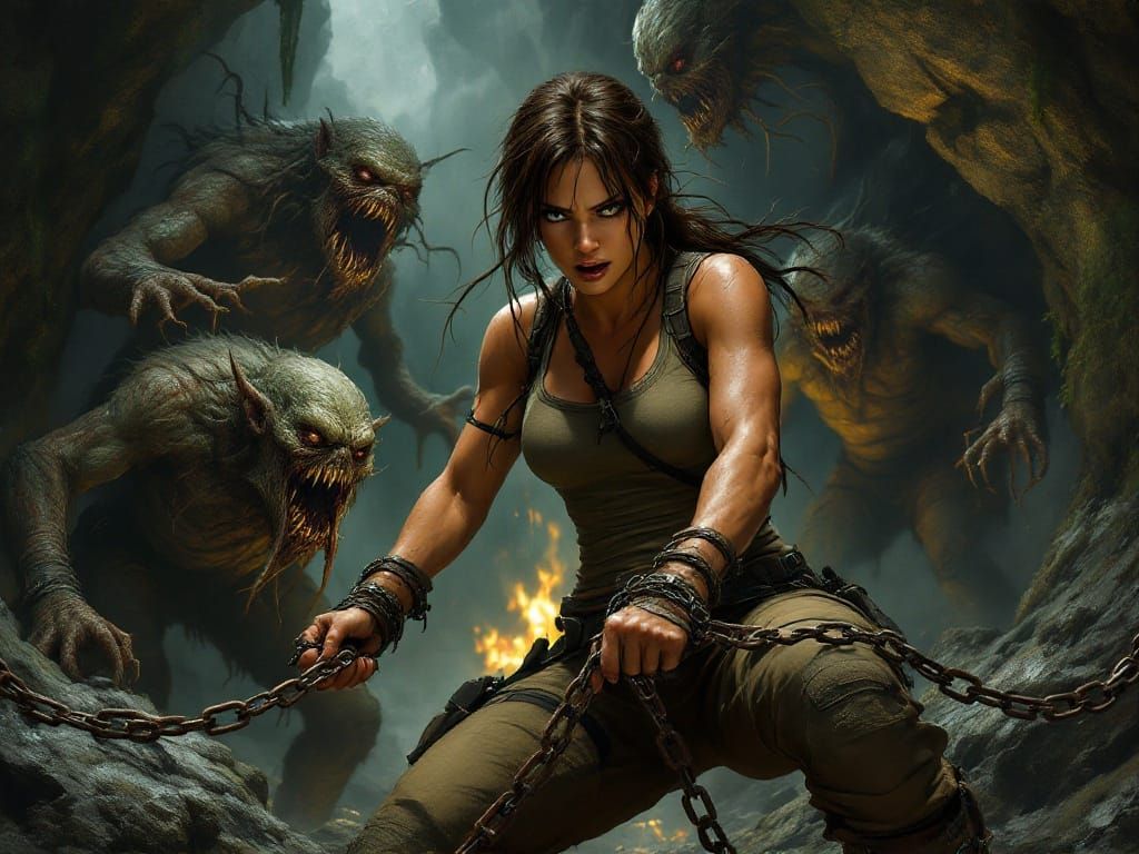 Lara Croft Bound by Dark Trolls in a Grim Fantasy World