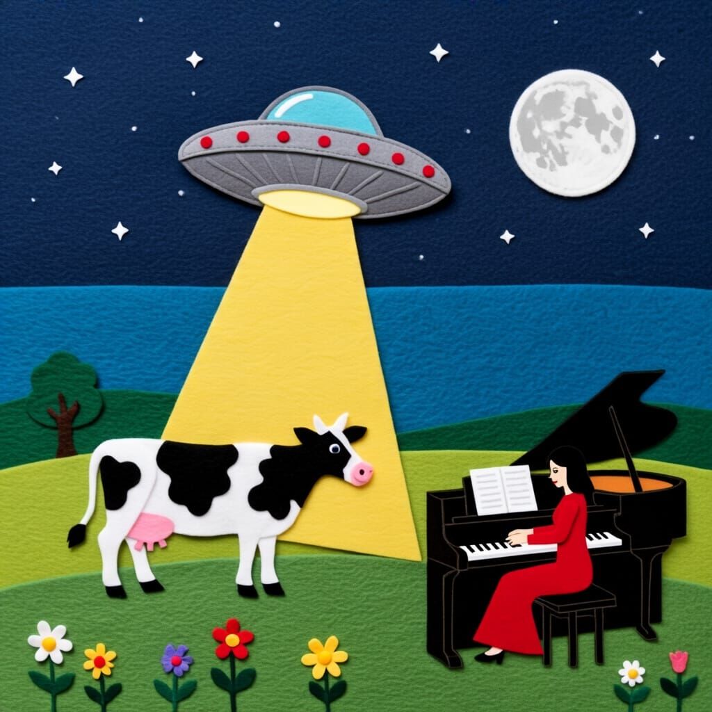 Felt Art: UFO Hovering Over Cow at Night
