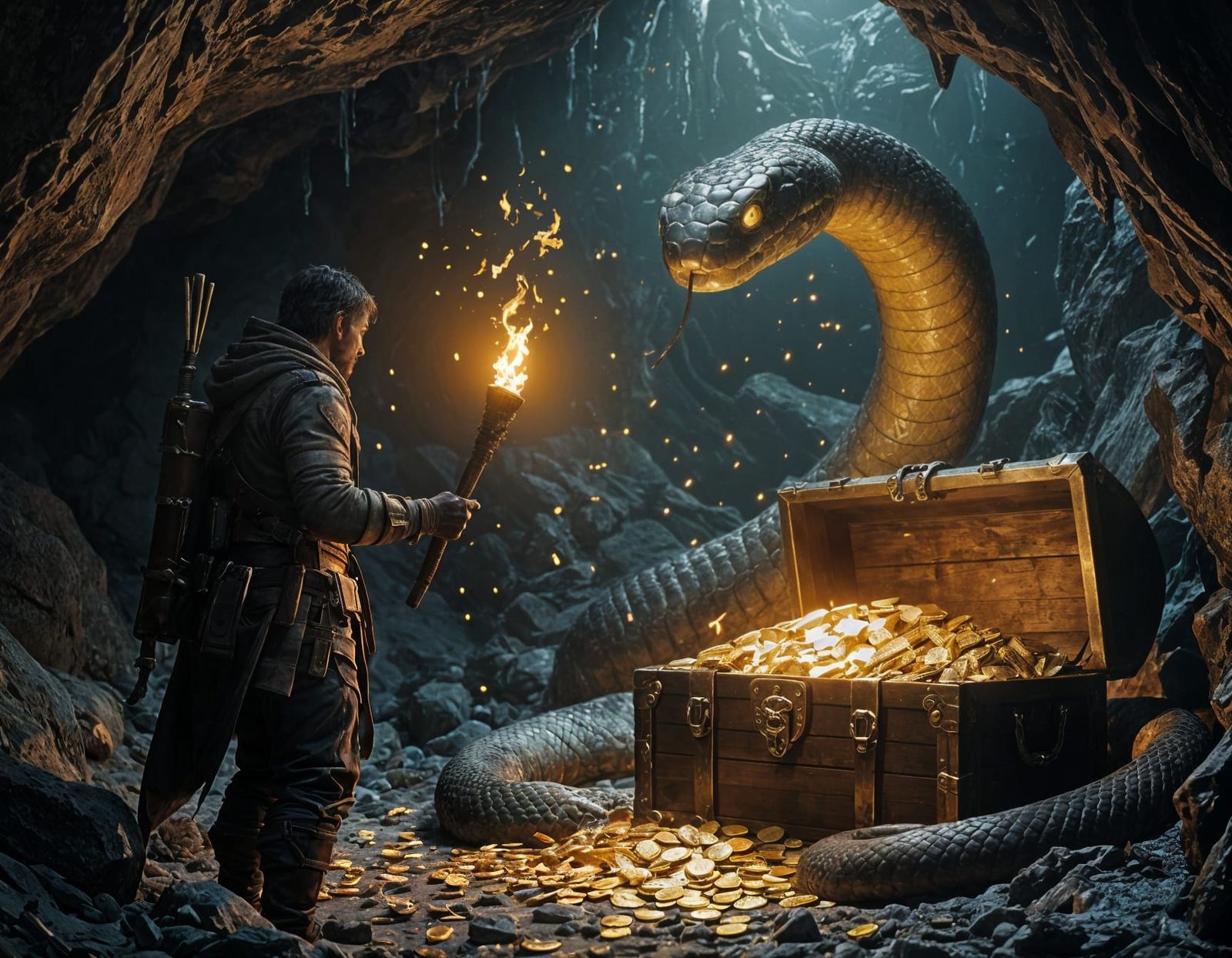 Explorer Finds Treasure Guarded by Snake in Cave