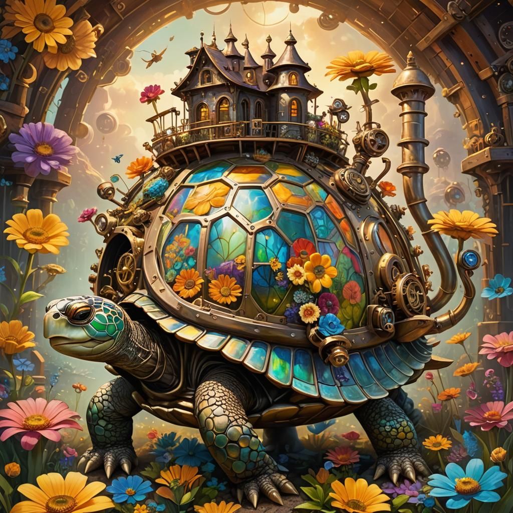 Great Turtle House in Space, Surreal Oil Painting