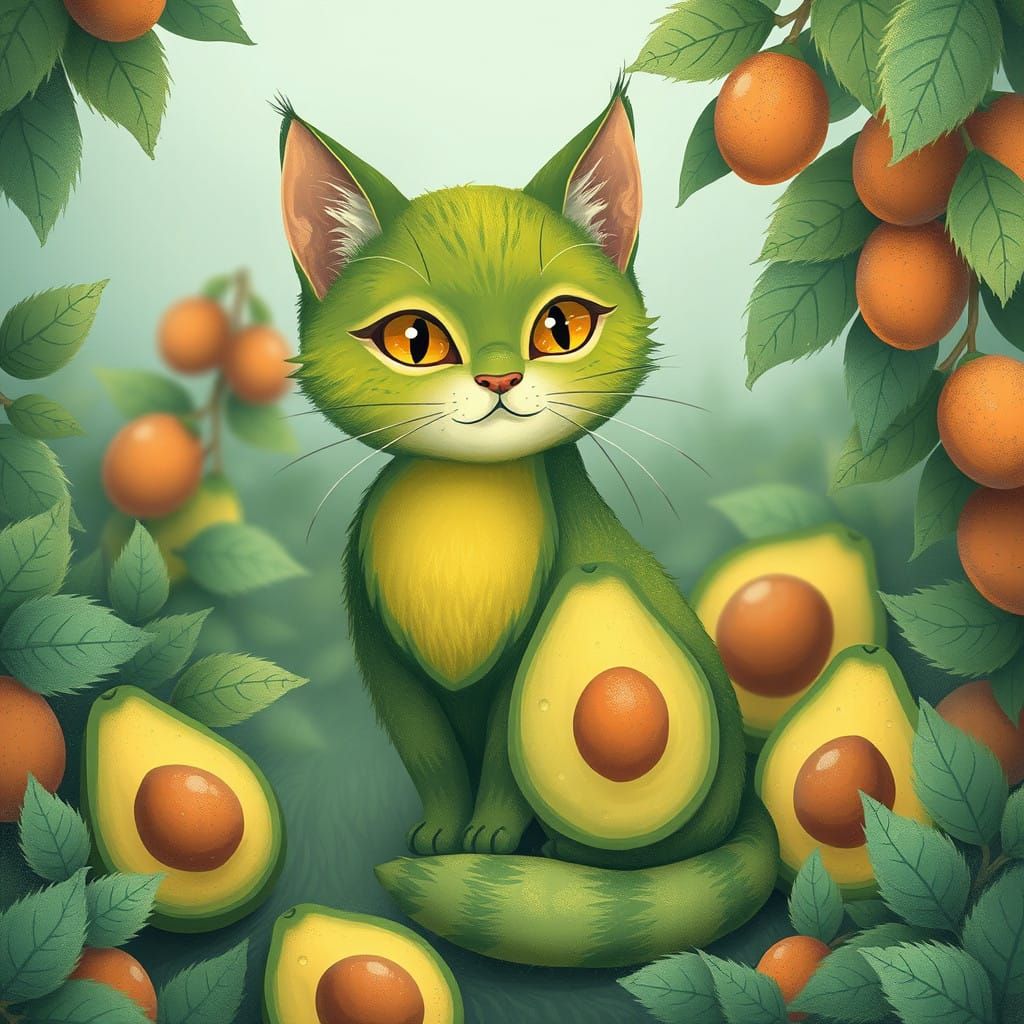 Whimsical Avocado Cat in a Lush Garden Scene
