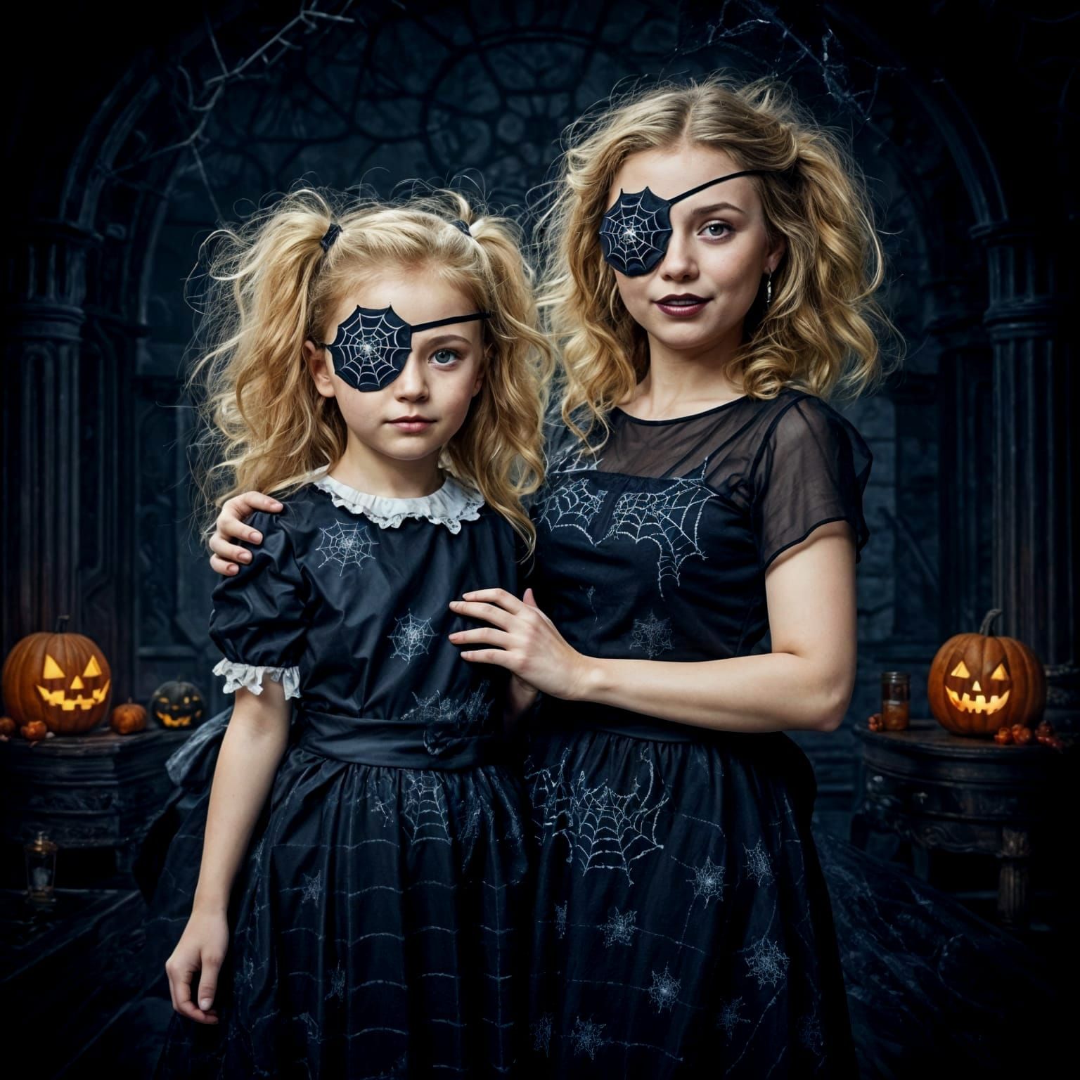 Eerie Halloween Portrait: Mother and Daughter in Spiderwebs