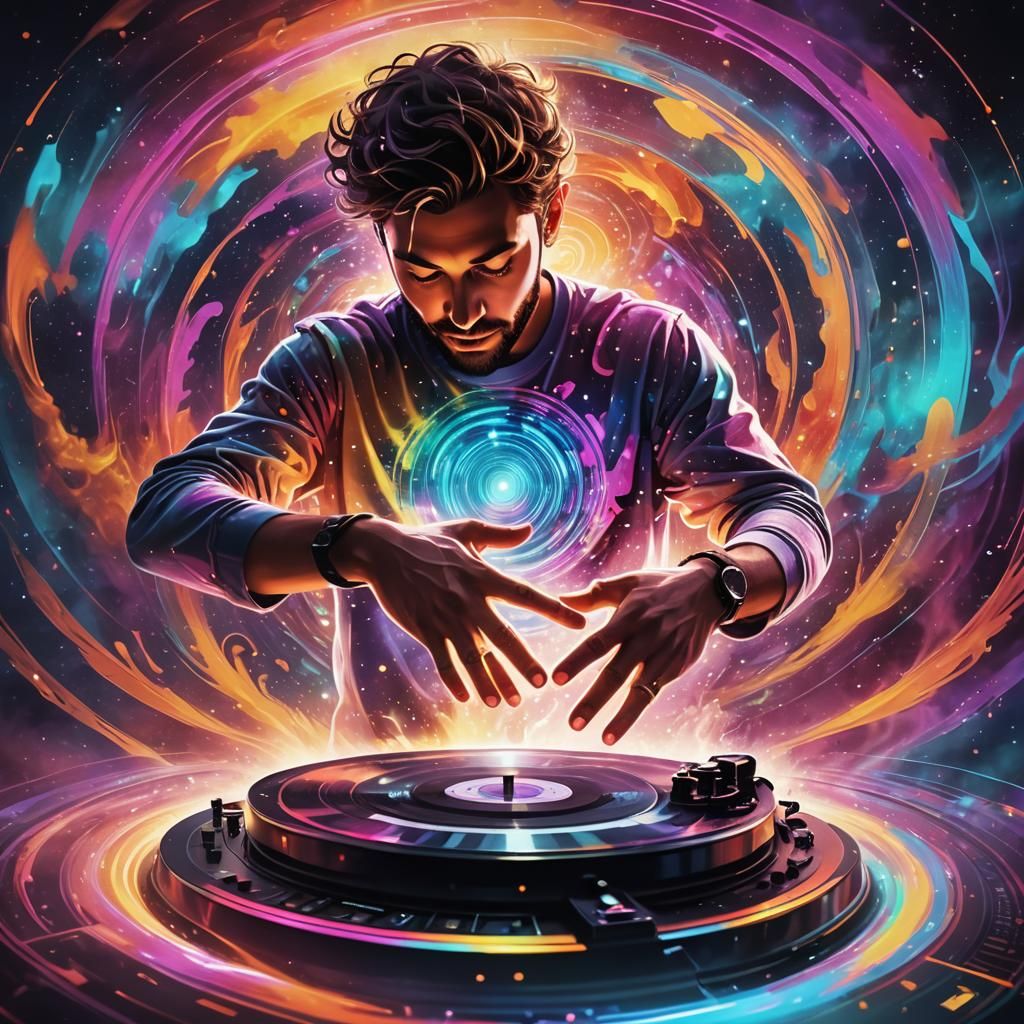 Cosmic DJ in Psychedelic Astral Illustration