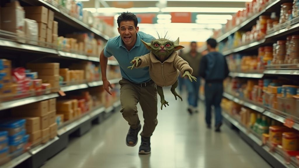 Frantic Shopper Fleeing a Menacing Gremlin in Walmart Aisle