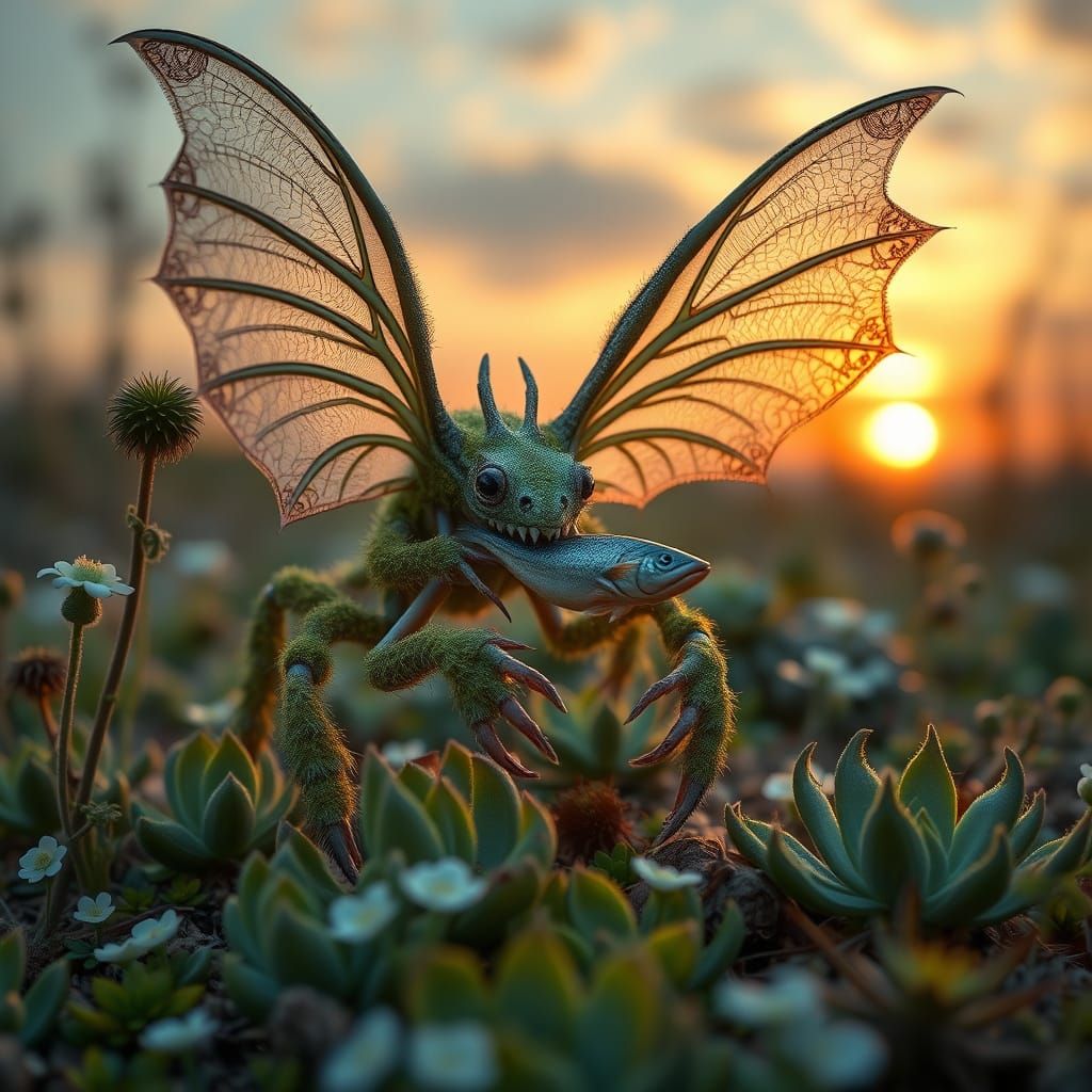 Lace-Winged Creature Eats Fish in Garden